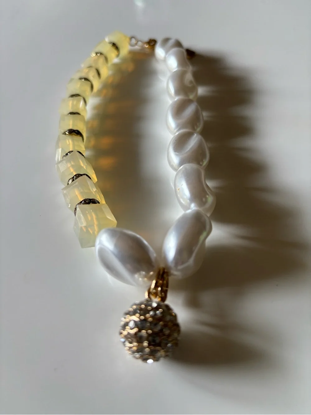 Chico’s Asymmetrical Faux Pearl Opalescent Cube Rhinestone Ball Necklace